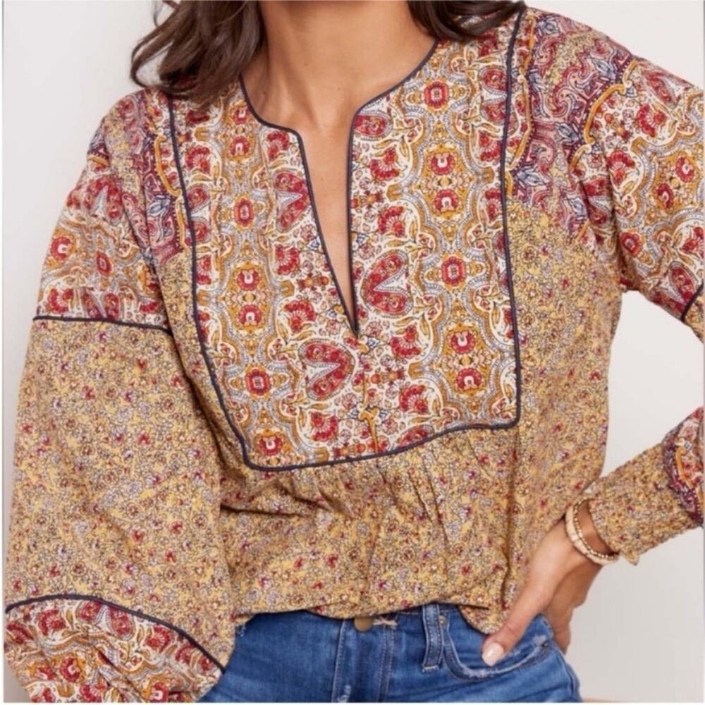 Evereve Eva Floral Paisley Peasant Blouse Split Neck Boho NWOT Sz S